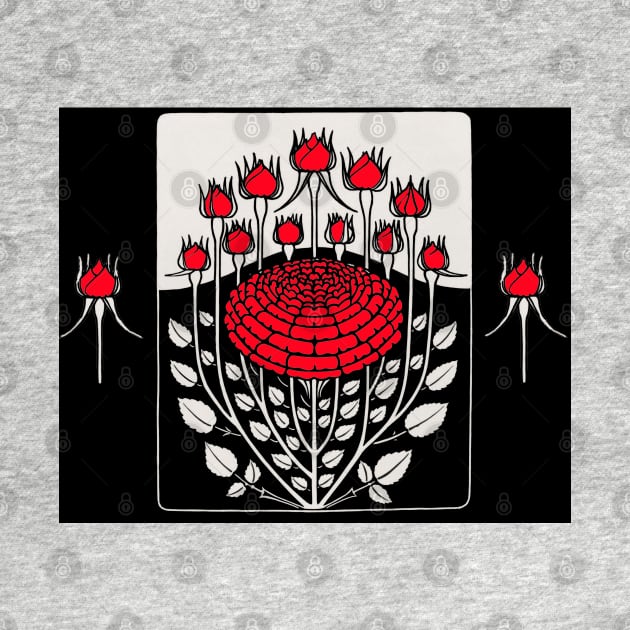 BLACK WHITE RED ROSES AND ROSEBUDS Art Nouveau Floral by BulganLumini